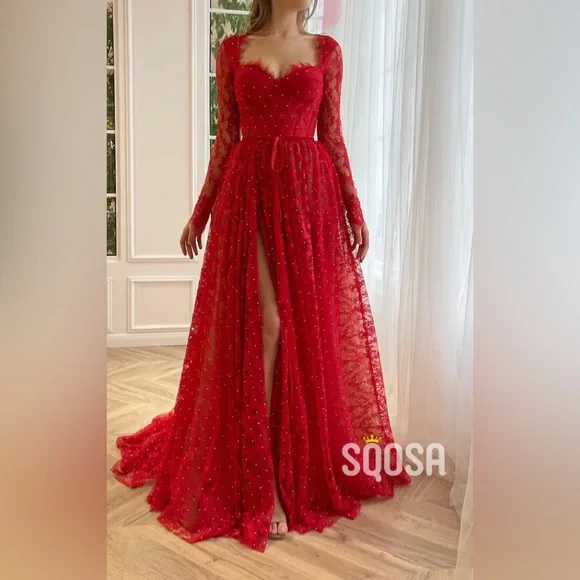 open lace back dress Long Glitter A-Line Prom Dress with Embroidered Bodice Red / Large